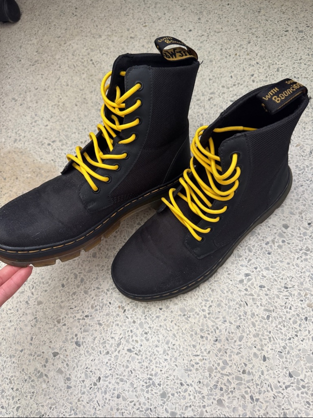 Dr. Martens Black Canvas High-Top Boots with Yellow Laces